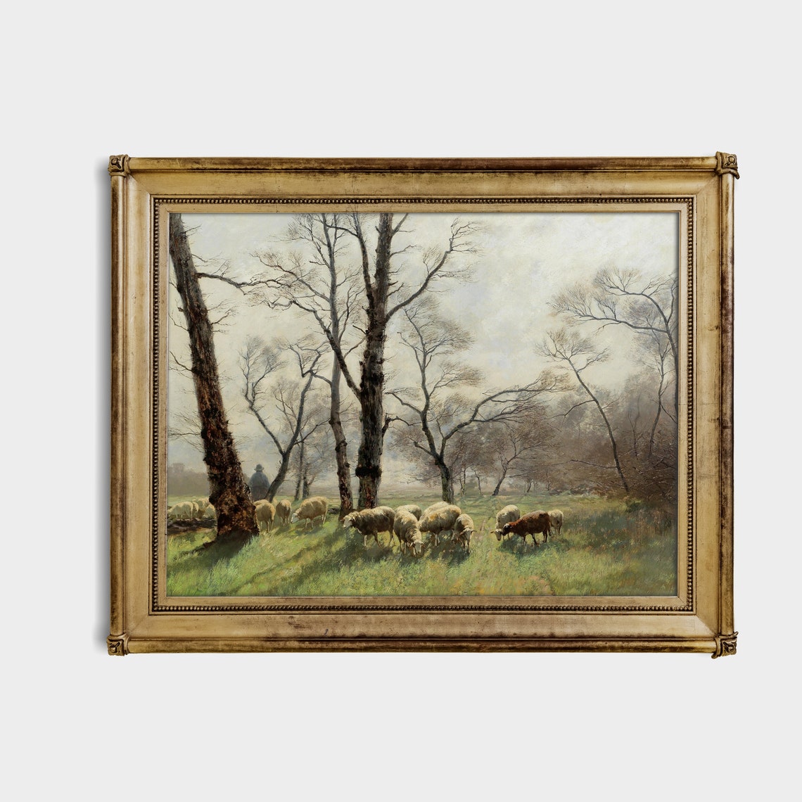 Shepherd Tending His Flock of Sheep in a Green Meadow Wall Art - Image 2