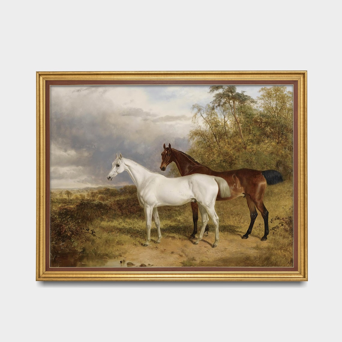 White and Bay Horses Standing Together in a Sunny Field Oil Poster - Image 3