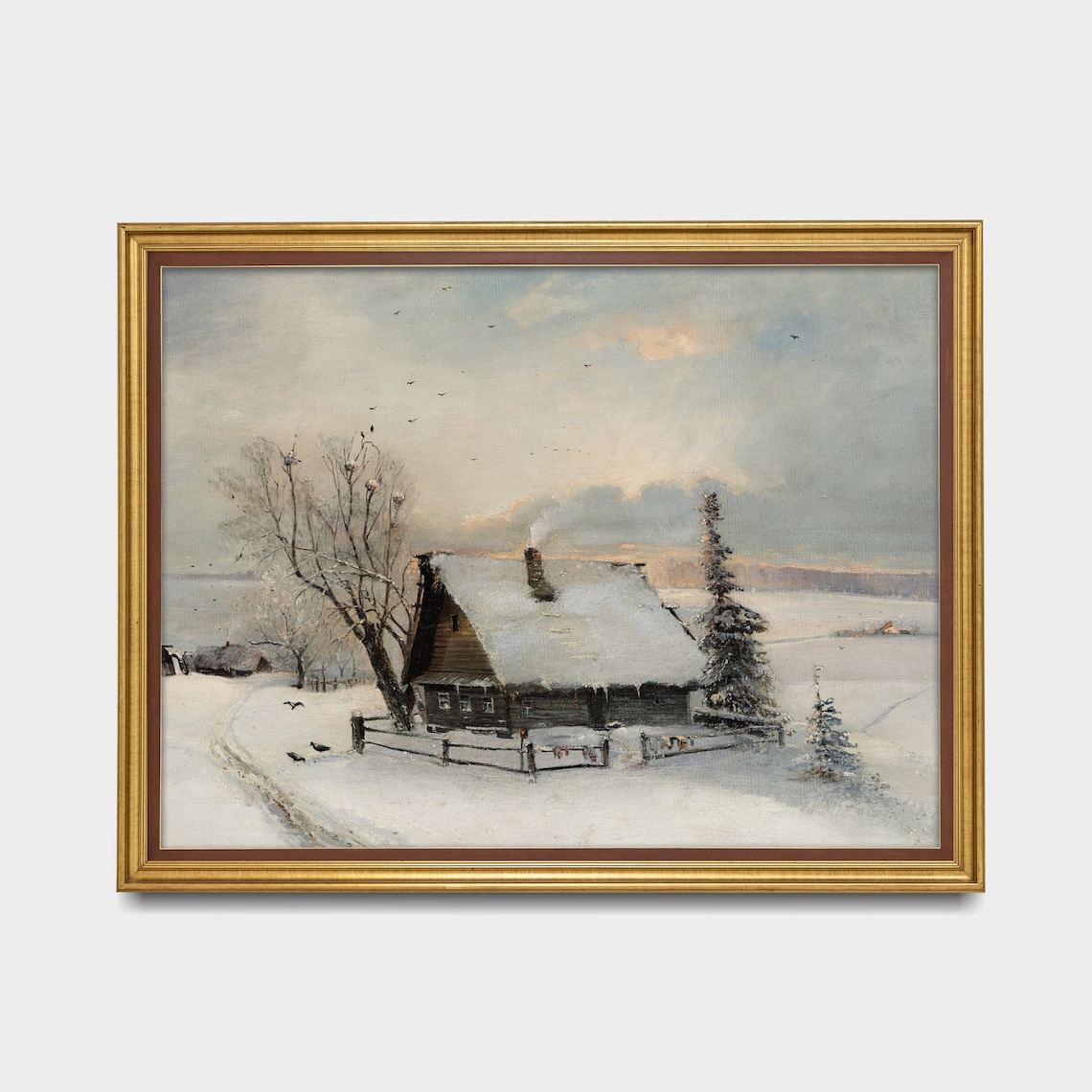 Snow Cabin Vintage Winter Landscape Art Print - Image 2