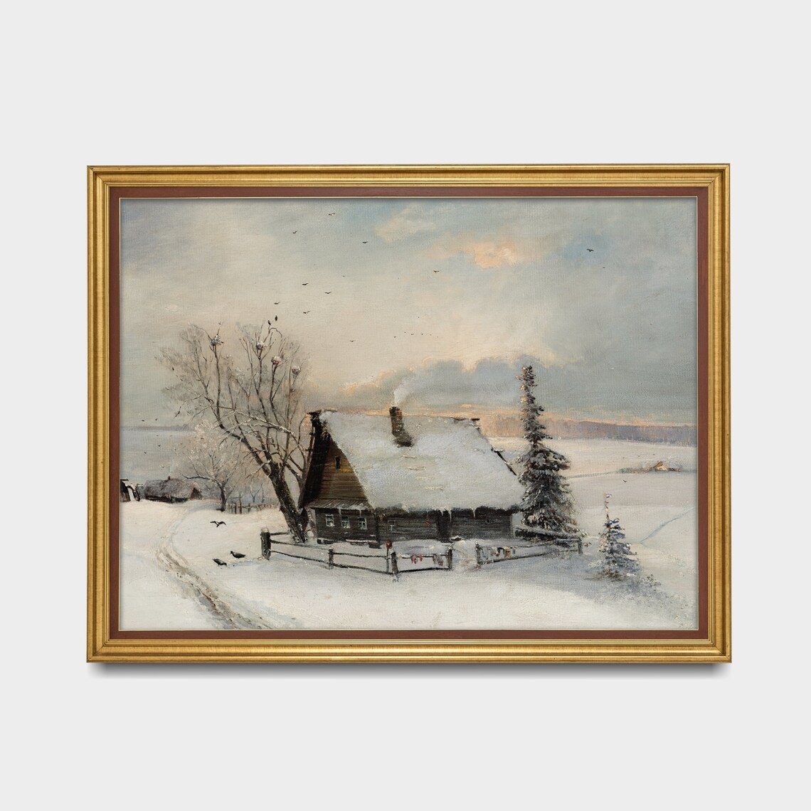 Snow Cabin Vintage Winter Landscape Rustic Art Print - Image 3