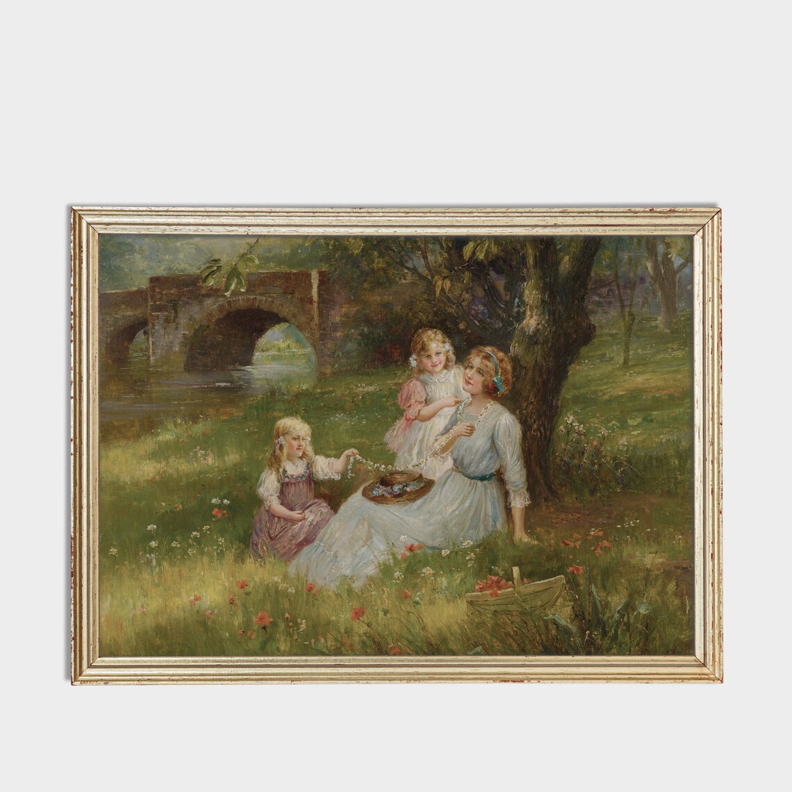 Mother And Daughters Picnic By Bridge Vintage Painting Poster - Image 2