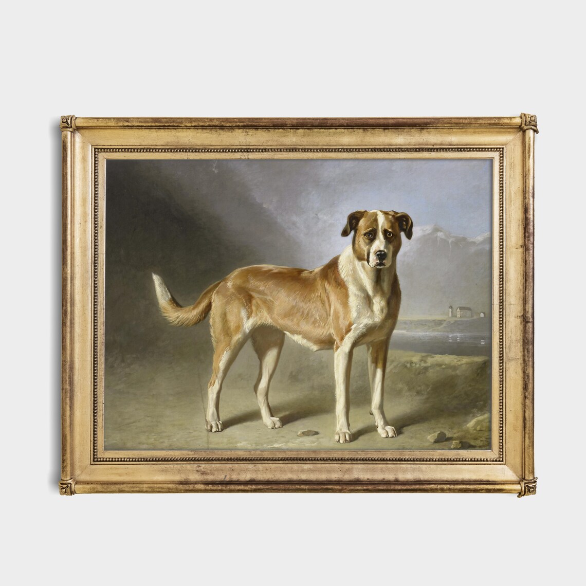 Vintage Tan and White Hunting Dog Painting Mountain Art Poster - Image 3