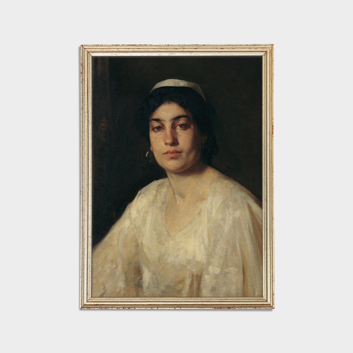 Young Woman White Scarf Direct Gaze Antique Portrait Painting Poster - Image 2