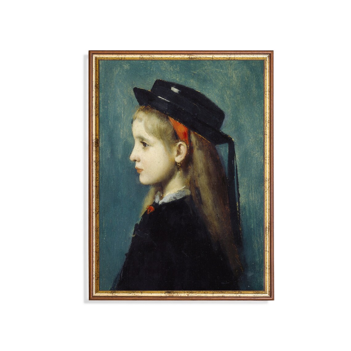 Girl in Profile with a Black Hat and Red Ribbon Vintage Portrait Poster