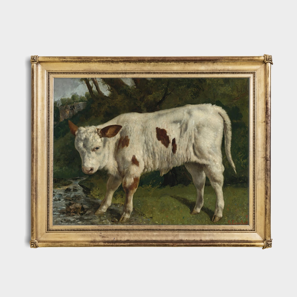 White Calf with Brown Spots Drinking at a Stream Farm Poster - Image 2