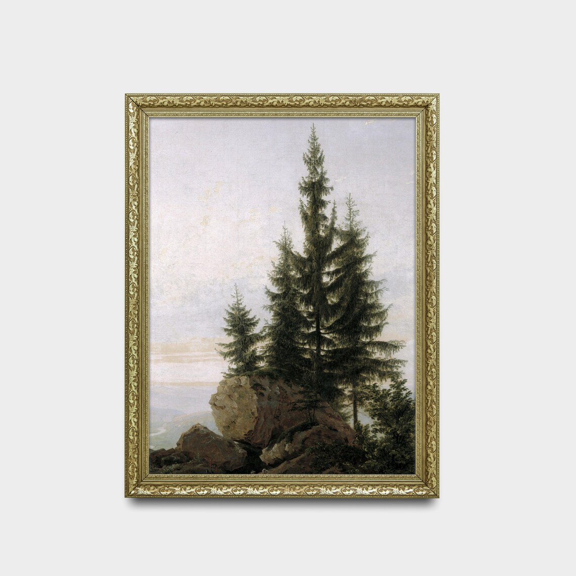 Tall Fir Trees on a Rocky Mountain Overlook Vintage Painting Poster - Image 2