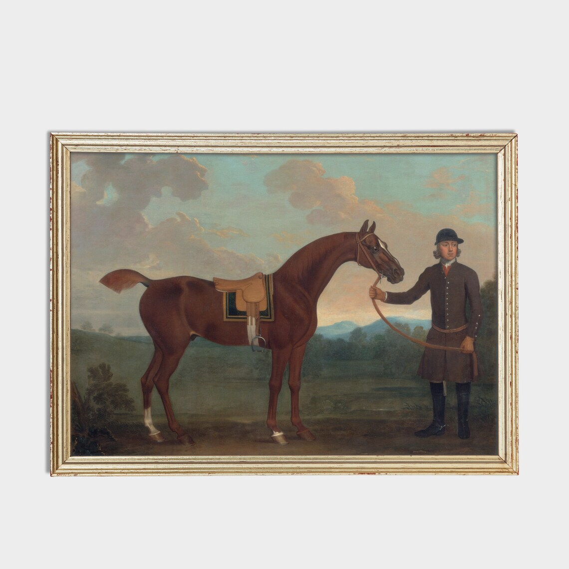 Stable Groom Holding a Saddled Bay Horse in Open Country Poster - Image 2