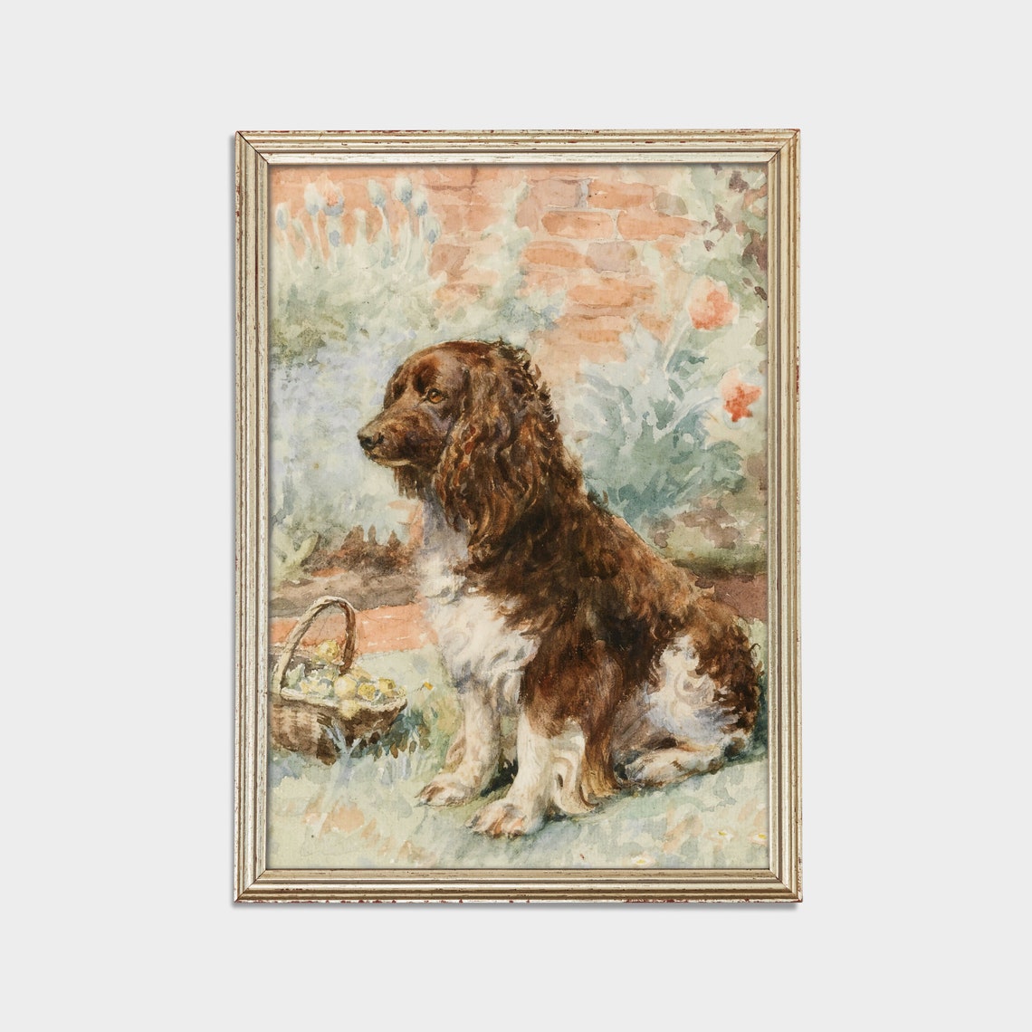 Brown and White Cocker Spaniel Watercolor Garden Portrait Poster - Image 3