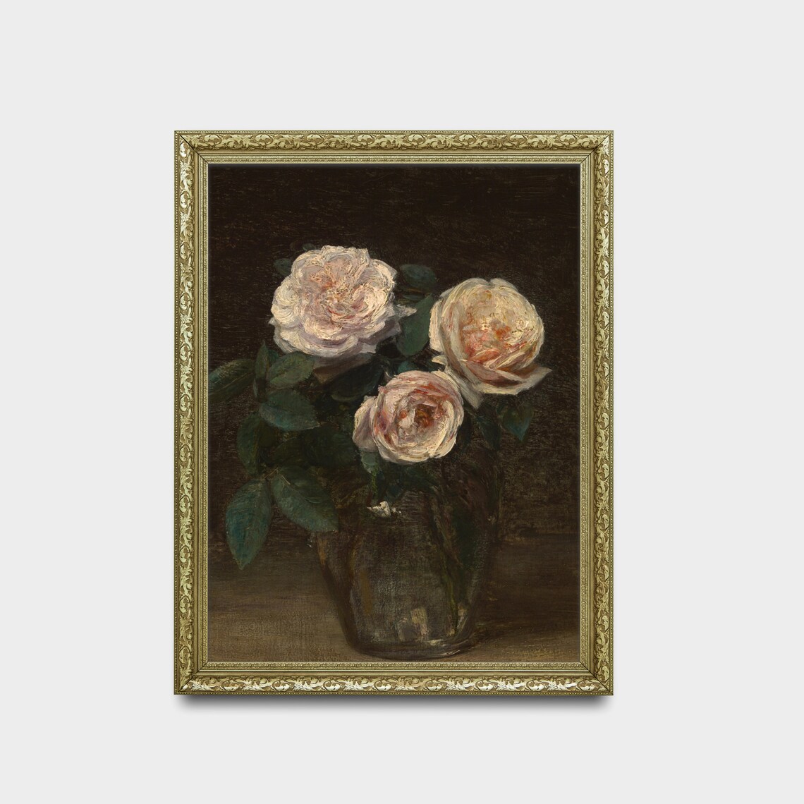 Three Pale Pink Roses in a Glass Vase Moody Floral Still Life Print - Image 2