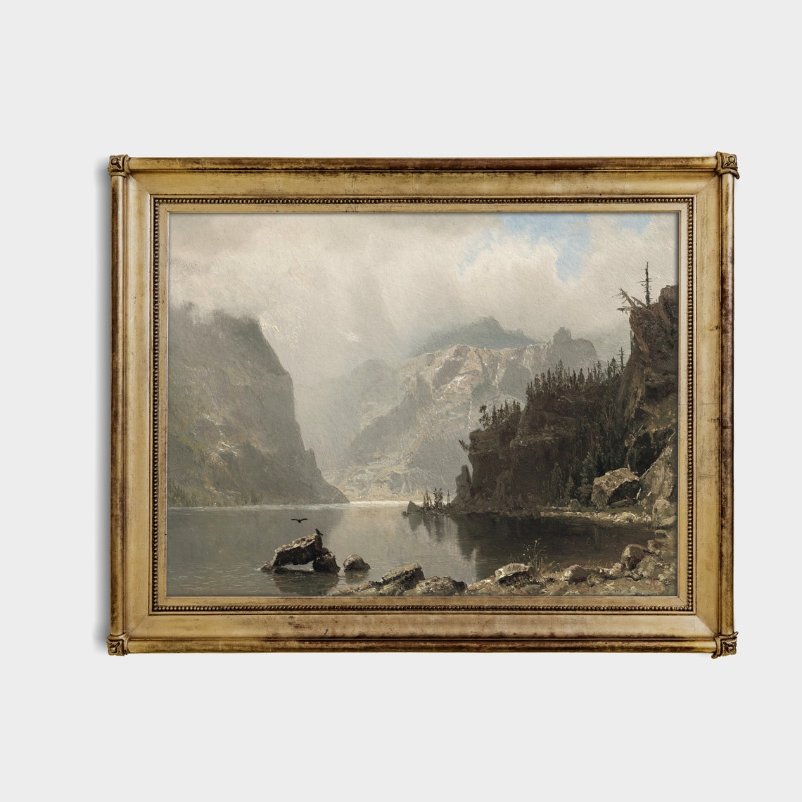 Rocky Cliffs Over a Still Mountain Lake Antique Landscape Poster - Image 3