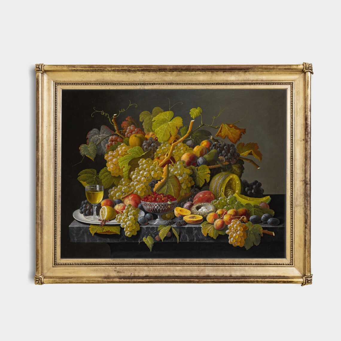 Overflowing Fruit Mound with Grapes and Melon Antique Still Life Poster - Image 4