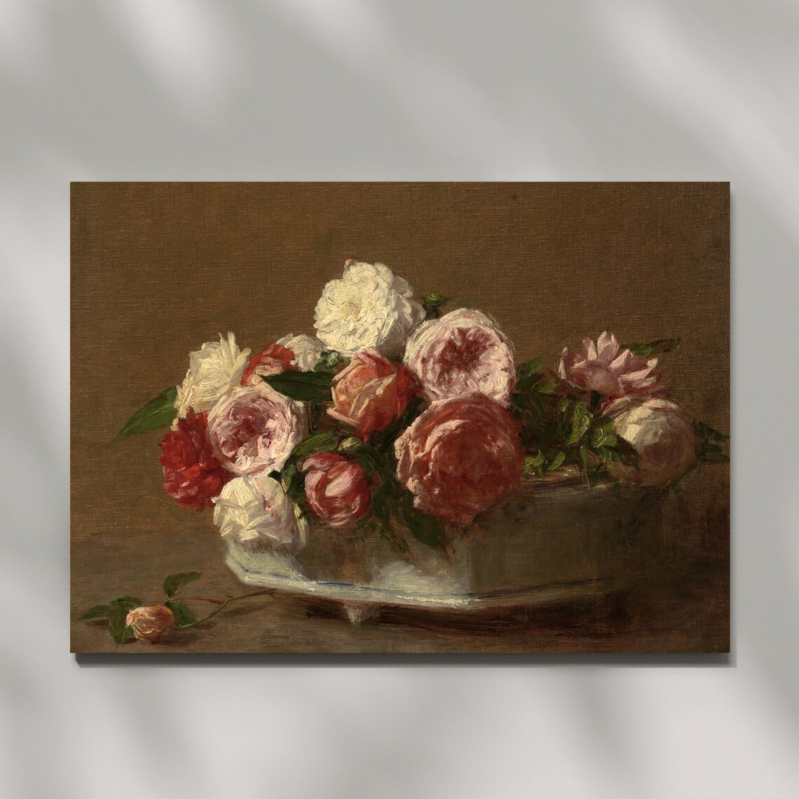 Romantic Bowl Of Pink And White Roses Still Life Oil Painting Poster