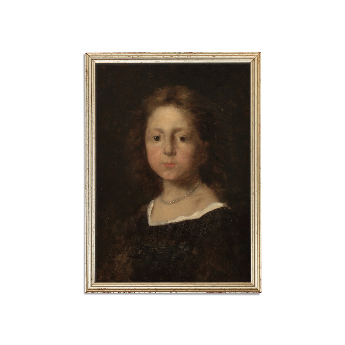 Young Girl Pearl Necklace Dark Vintage Portrait Painting Poster - Image 5