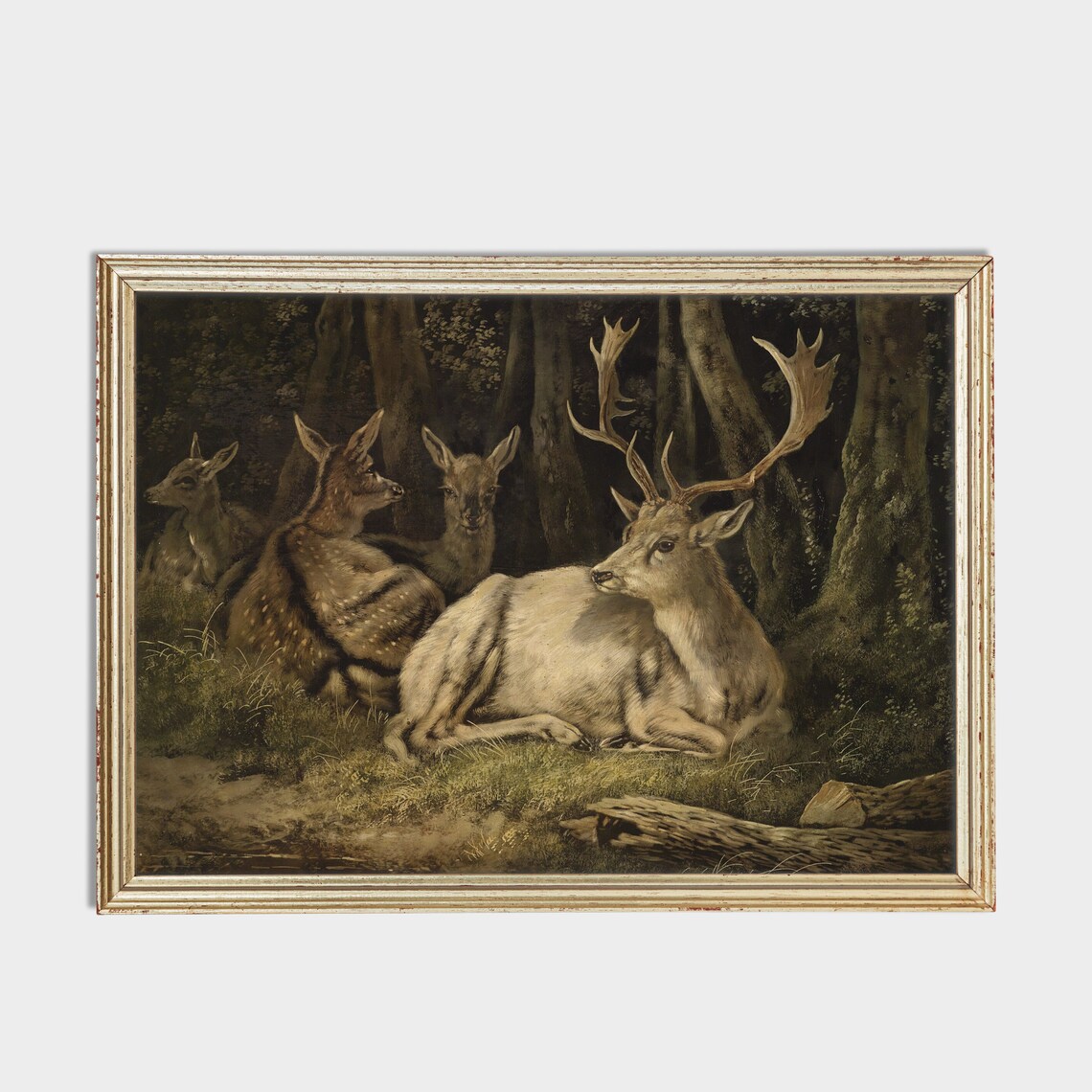 Stag and Does in Dark Forest Moody Vintage Wildlife Painting Poster - Image 2