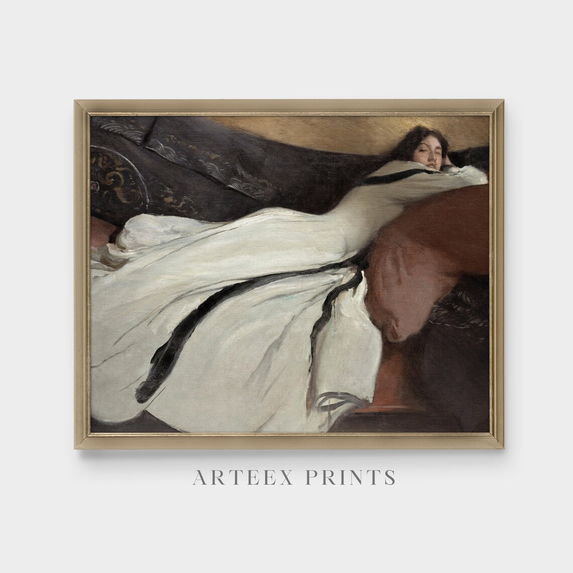 Reclining Woman in White Gown Moody Interior Vintage Portrait Oil Print - Image 5
