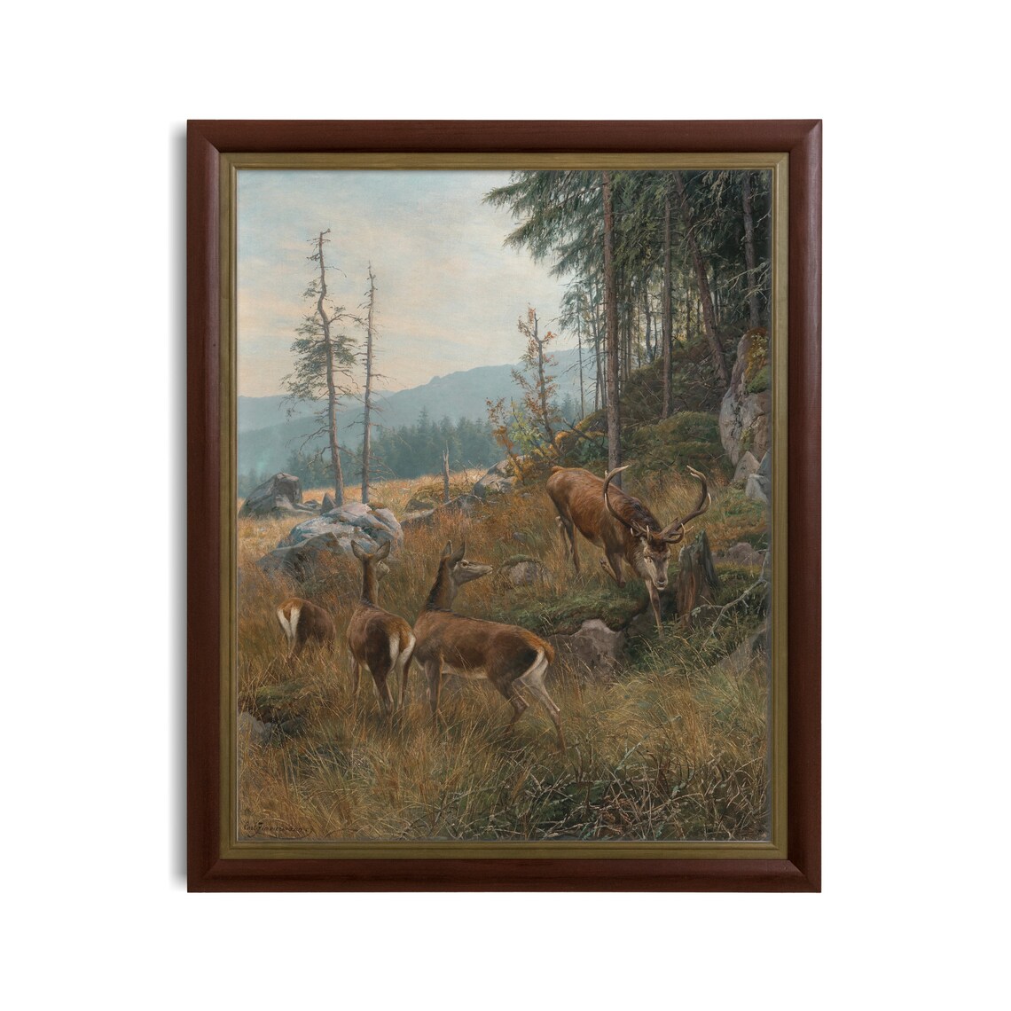 Red Deer Stag with Hinds in Mountain Forest Wildlife Painting Poster - Image 3