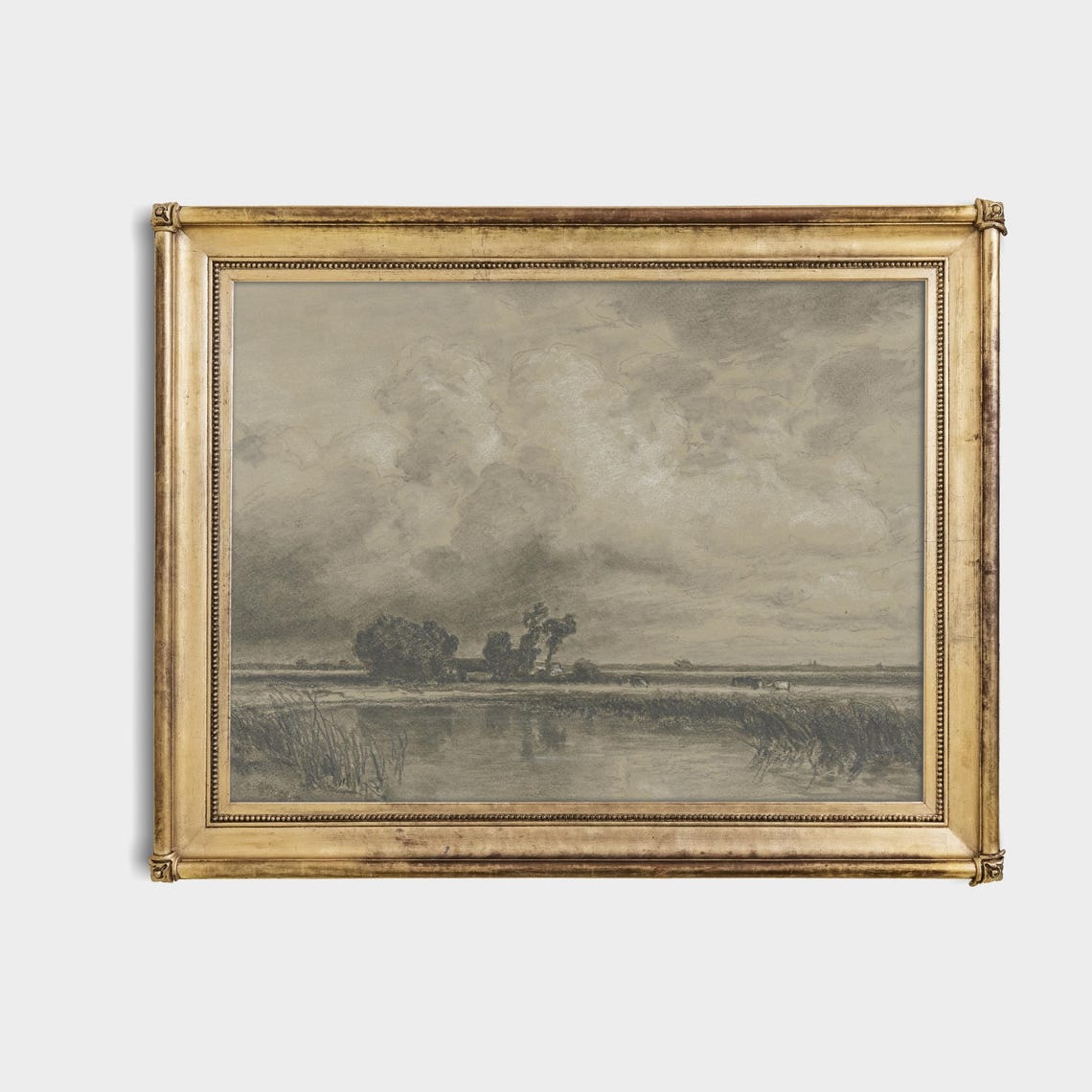 Monochrome River Landscape Sketch Dramatic Clouds Antique Art Poster - Image 4