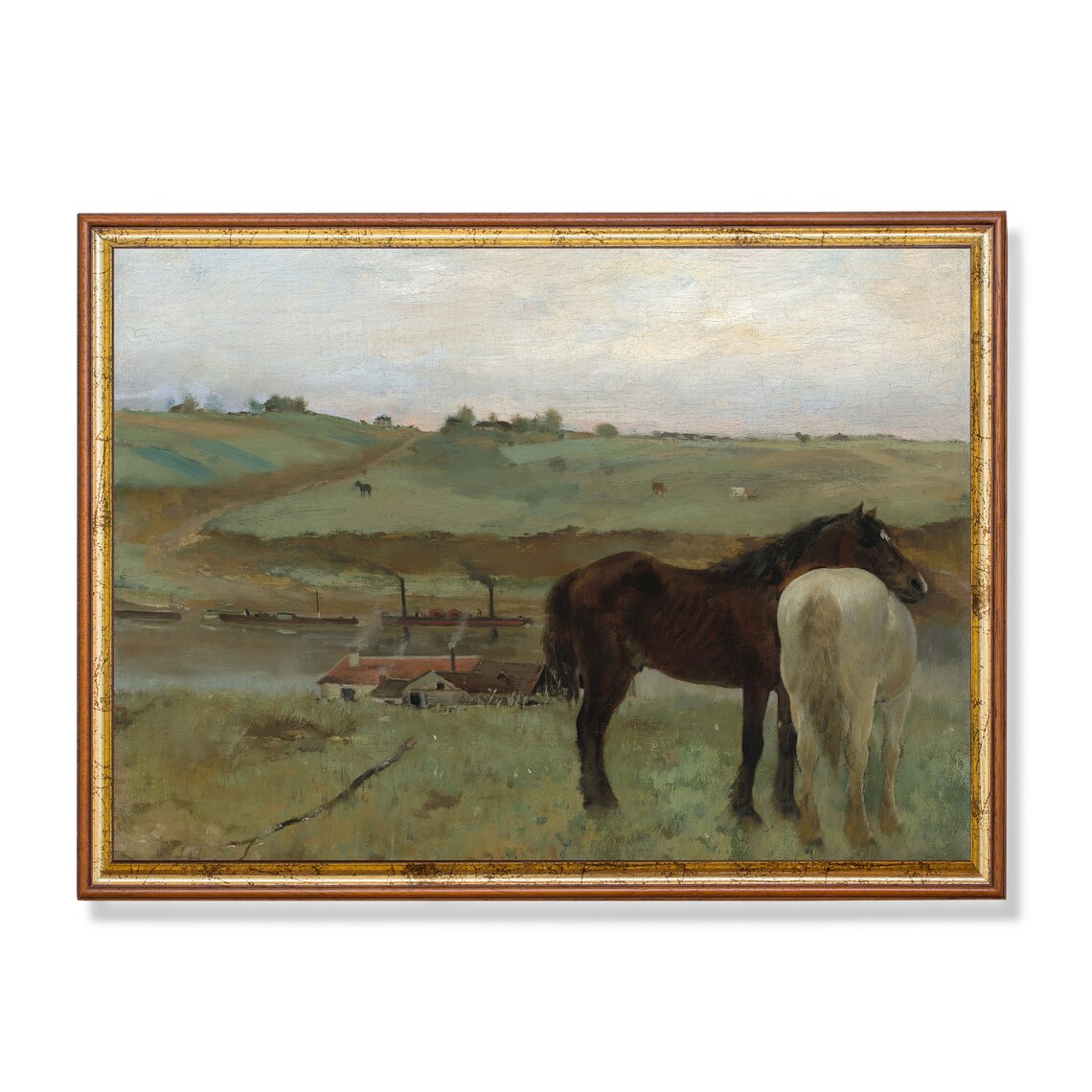Two Horses in Meadow by Farmhouse Vintage Equestrian Painting Poster