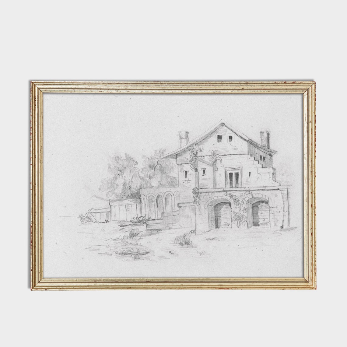 Old Stone Villa Pencil Sketch Vintage Architectural Drawing Poster - Image 3