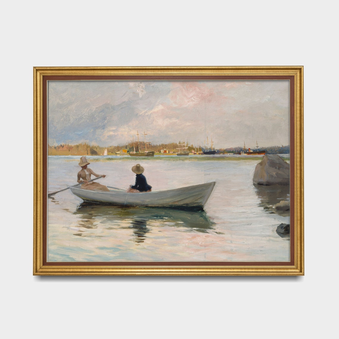 Two Women Rowing Boat Calm Lake Tall Ships Vintage Boating Poster - Image 4