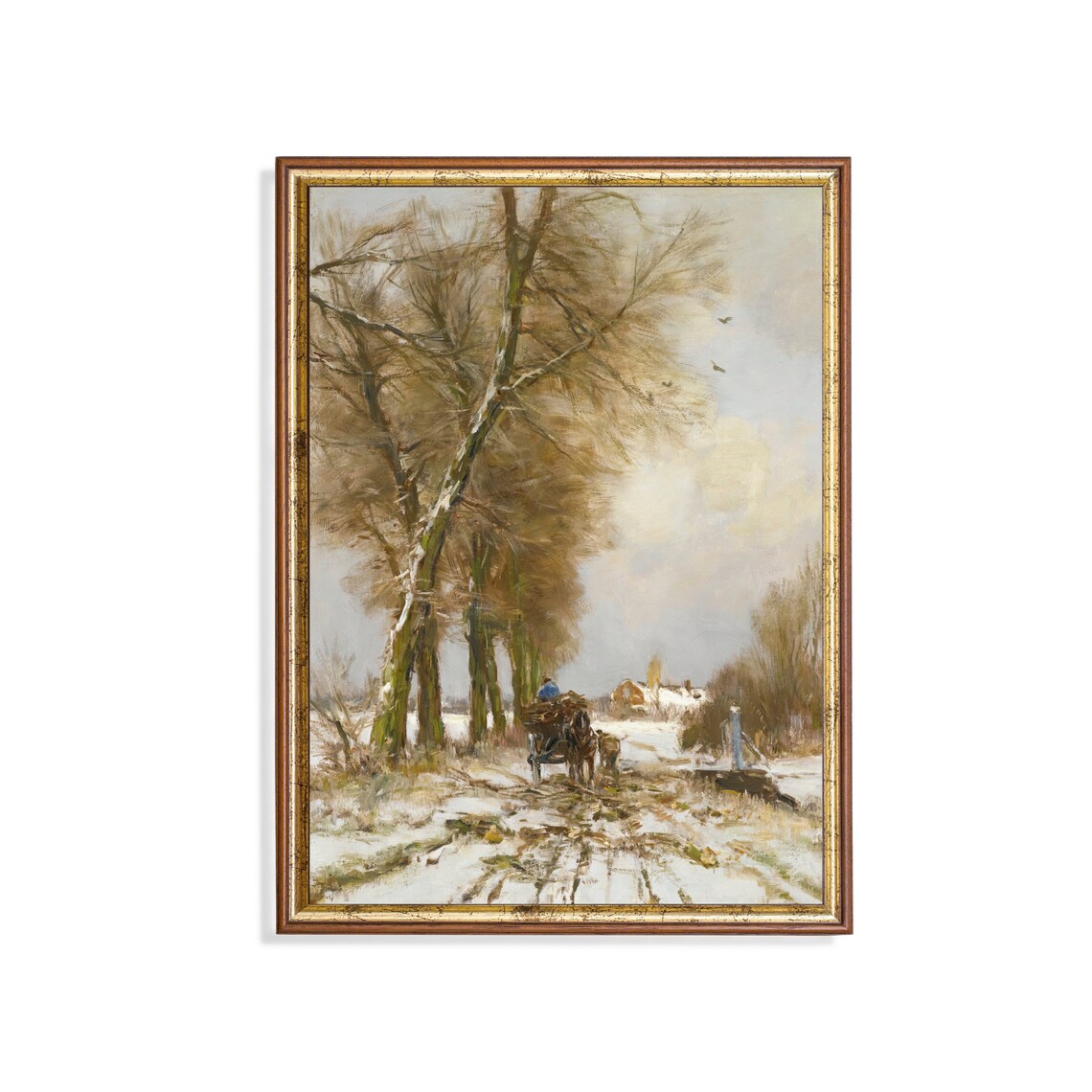 Horse-Drawn Cart on a Winter Country Road Vintage Painting Poster