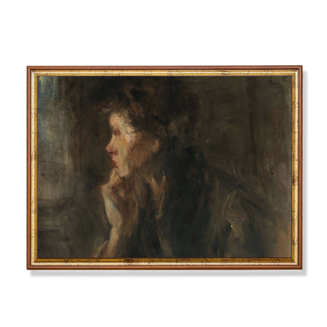 Dark Moody Profile Portrait of a Woman Chiaroscuro Oil Painting Poster