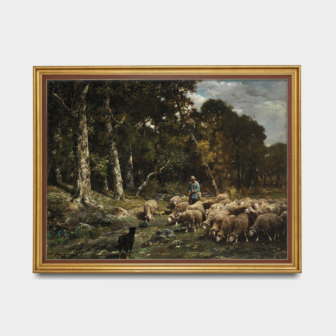 Mailed Print Sheep Painting Vintage Landscape Print Shepherd With Flock Of Sheep Moody Rustic Artwork Printed And Shipped - Image 3