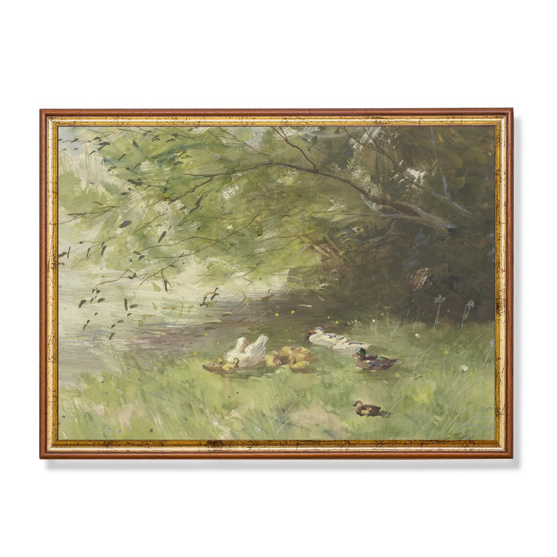 Vintage Spring Landscape Ducks in River Art Print
