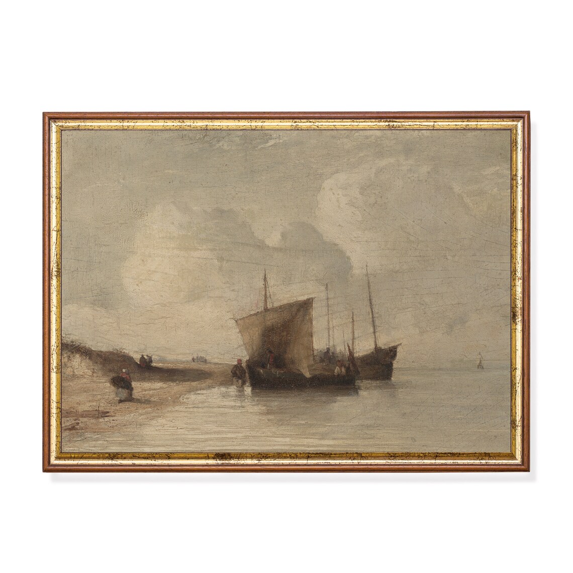 Fishing Boats Beached at Low Tide Under a Grey Sky Marine Poster