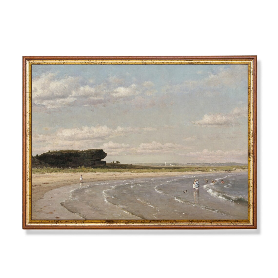Figures Wading at a Tranquil Beach with a Rocky Point Poster