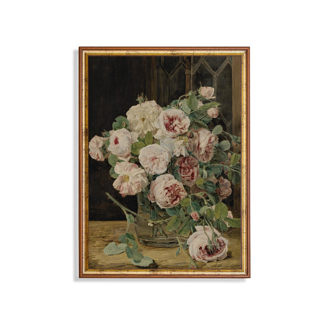 Blush Striped Roses in Glass Vase Before Leaded Window Vintage Poster