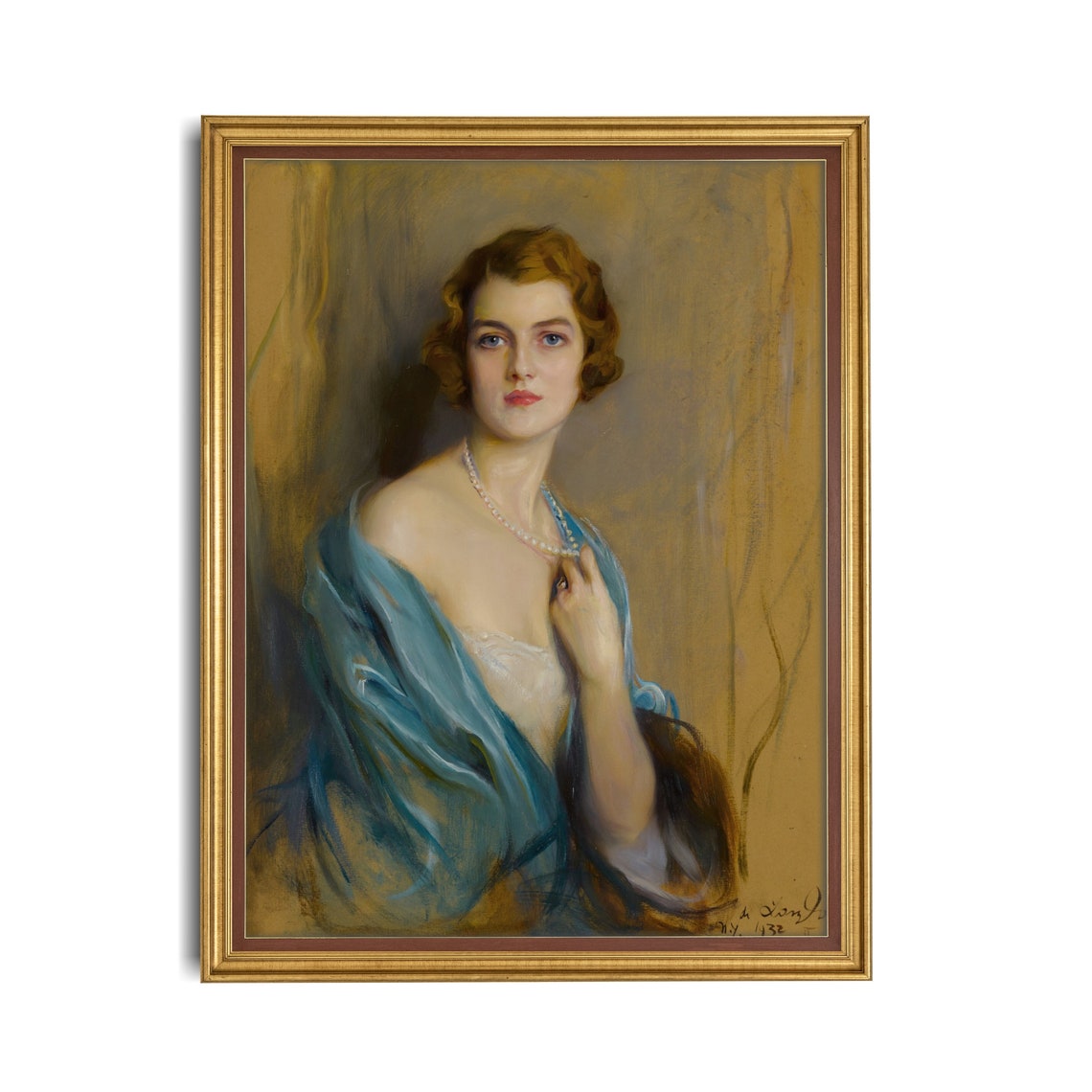 Elegant Woman With a Pearl Necklace and Blue Shawl Portrait Poster - Image 2