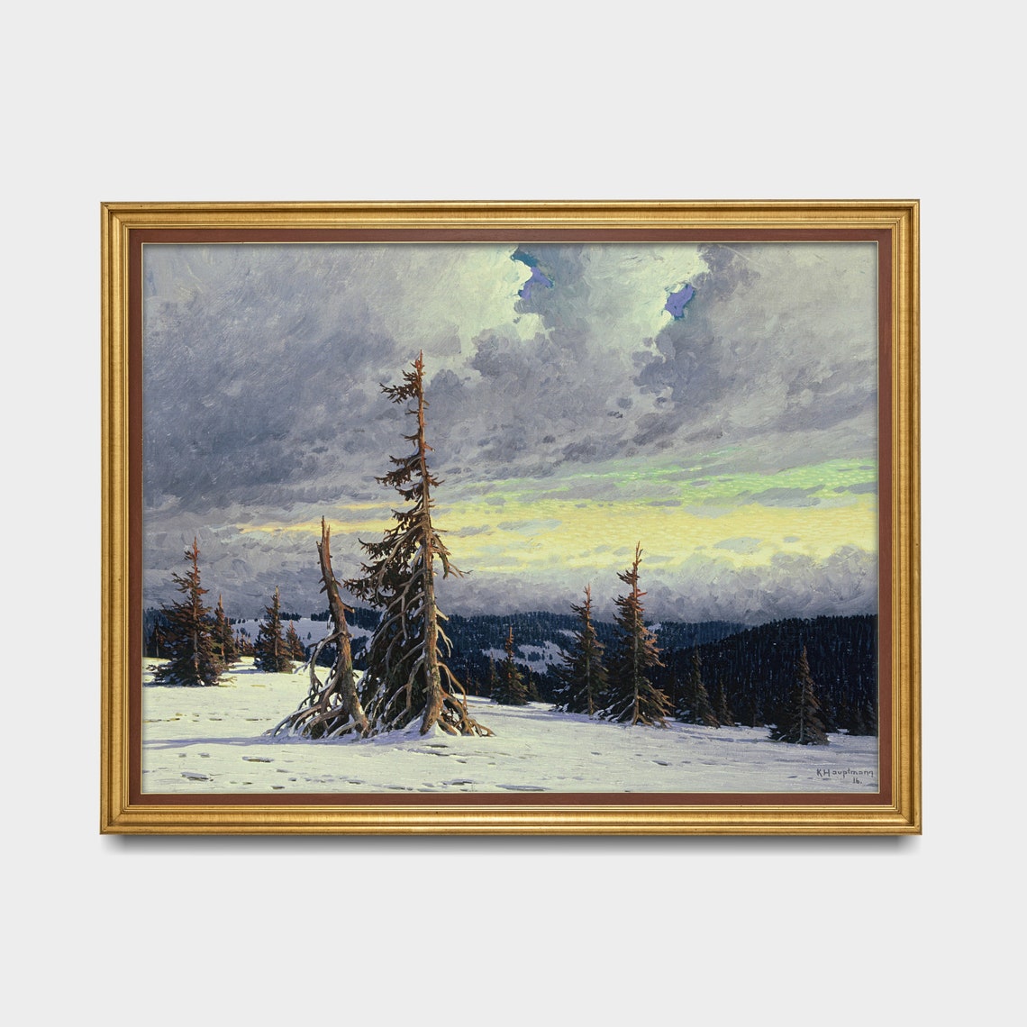 Wind Bent Pines on a Snowy Mountain Ridge at Dusk Vintage Poster - Image 3