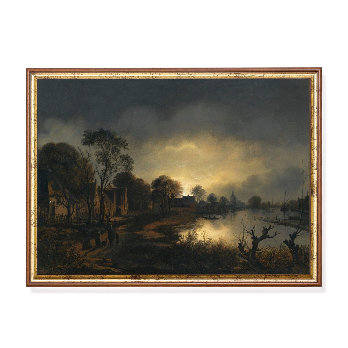 Moonlit Riverside Village Vintage Painting Glowing Night Sky Poster