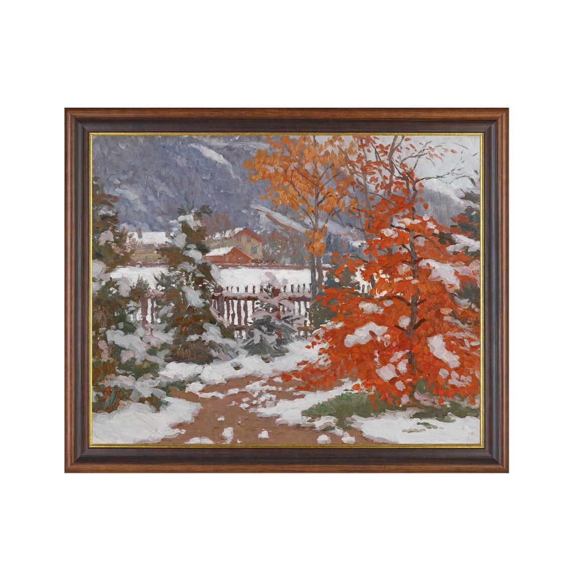 Orange Autumn Trees in Snowy Garden Vintage Winter Painting Art Poster