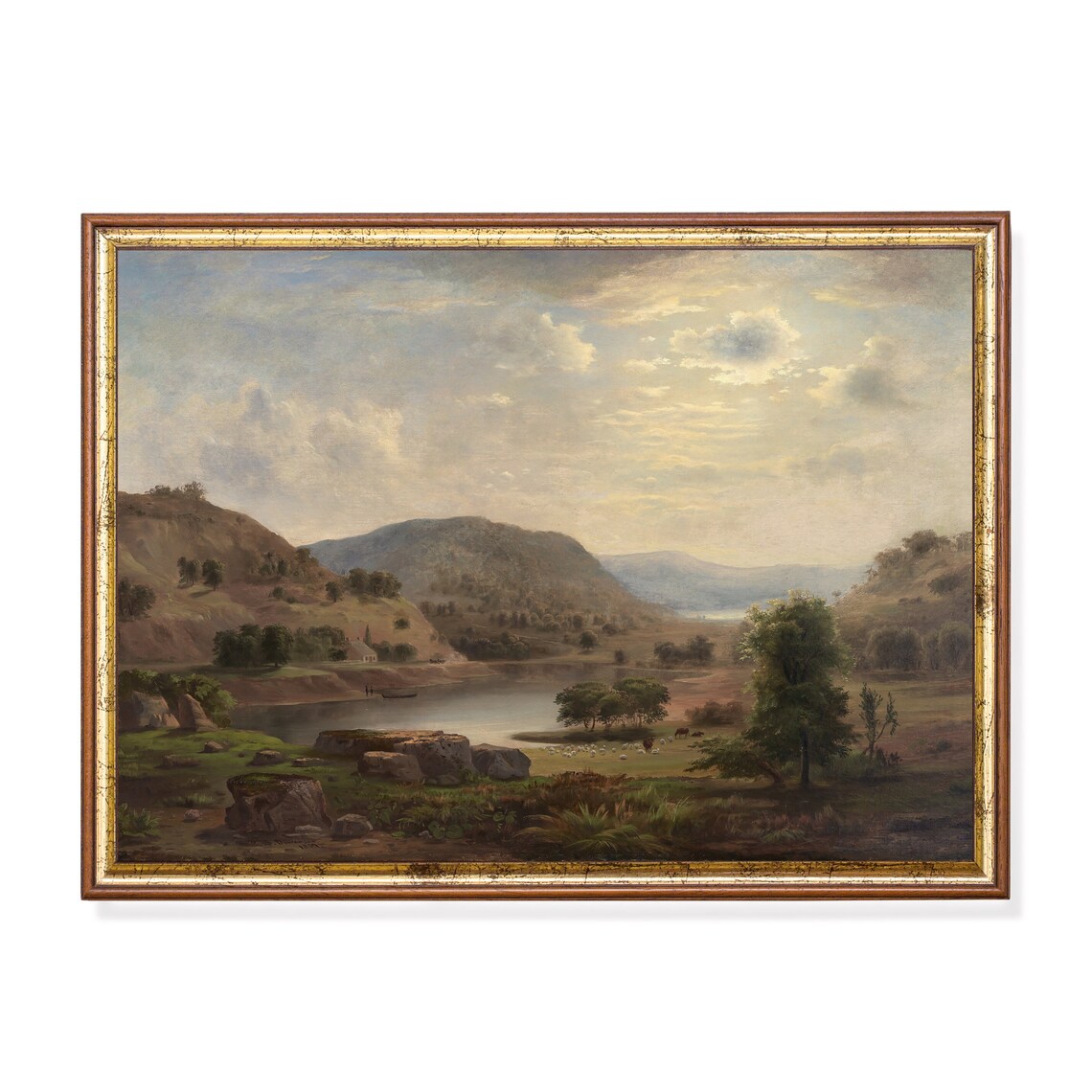 Calm Pastoral Lake Landscape Hills Vintage Scenery Nature Poster