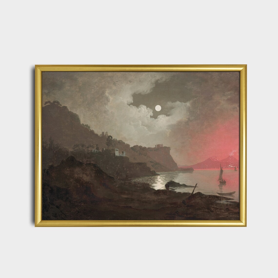 Moonlit Volcano Bay Night Seascape Vintage Moody Oil Painting Poster - Image 5