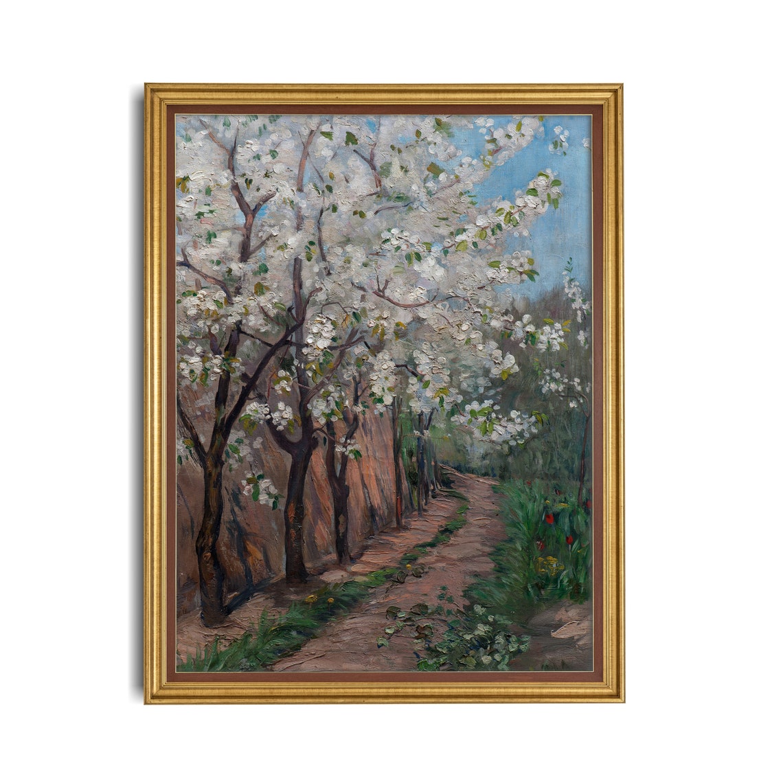 White Cherry Blossoms Lining a Village Path in Spring Wall Art - Image 2