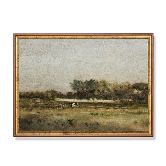 Vintage Landscape Painting Antique Rustic Print Country Landscape Farmhouse Decor Wall Art Moody Art