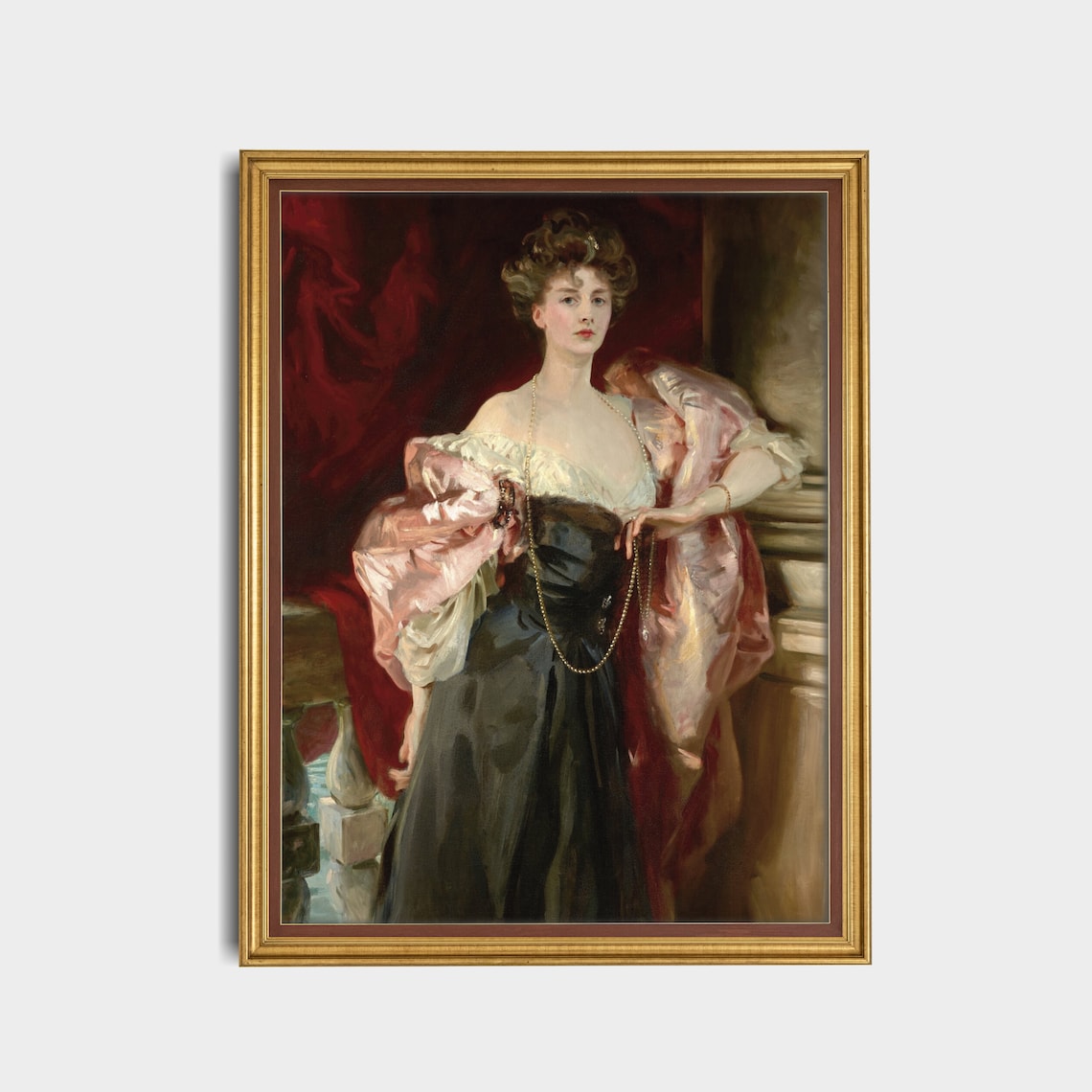 Elegant Woman In Black Dress With Pink Shawl And Pearls Portrait Poster - Image 5