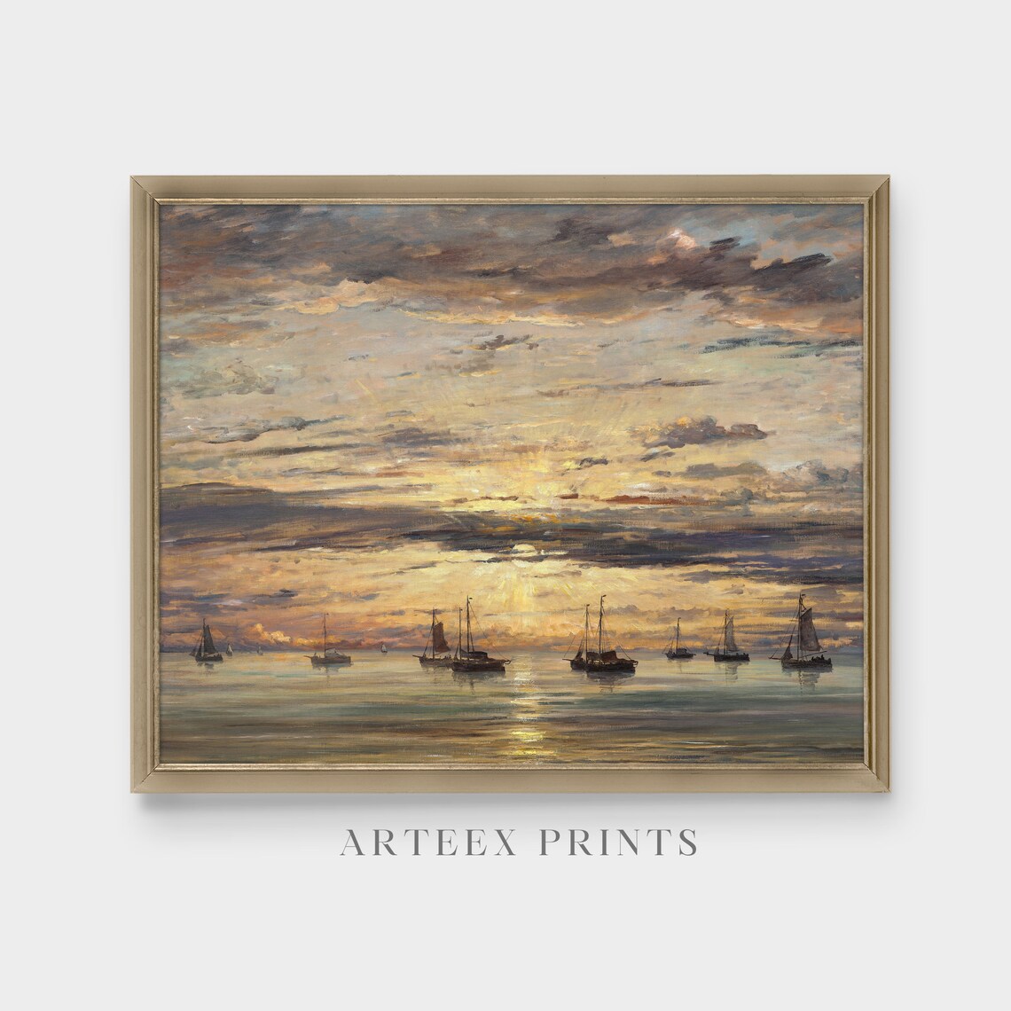Sailing Boats Resting on a Golden Sunset Sea Marine View Poster - Image 3