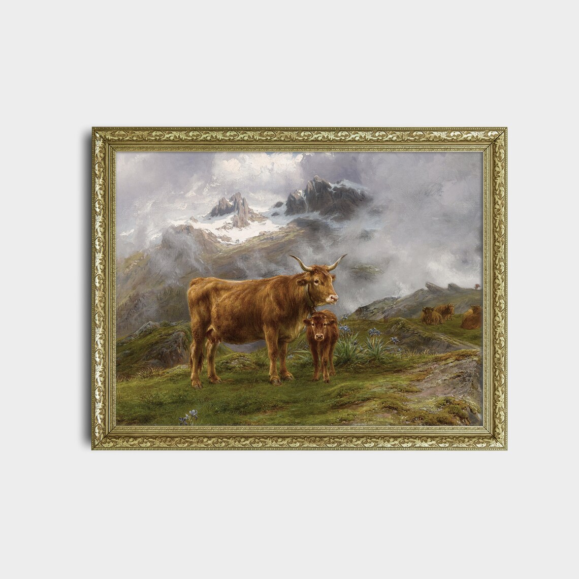 Highland Cow and Calf in a Misty Mountain Pasture Painting Poster - Image 2