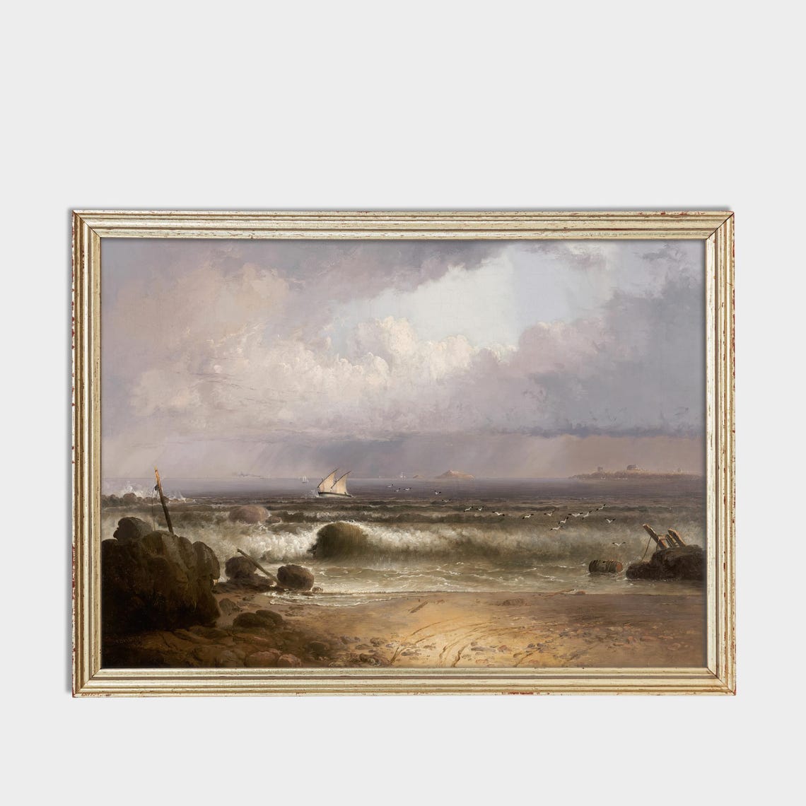Waves Breaking on a Rocky Shore Beneath a Distant Sail Poster - Image 3