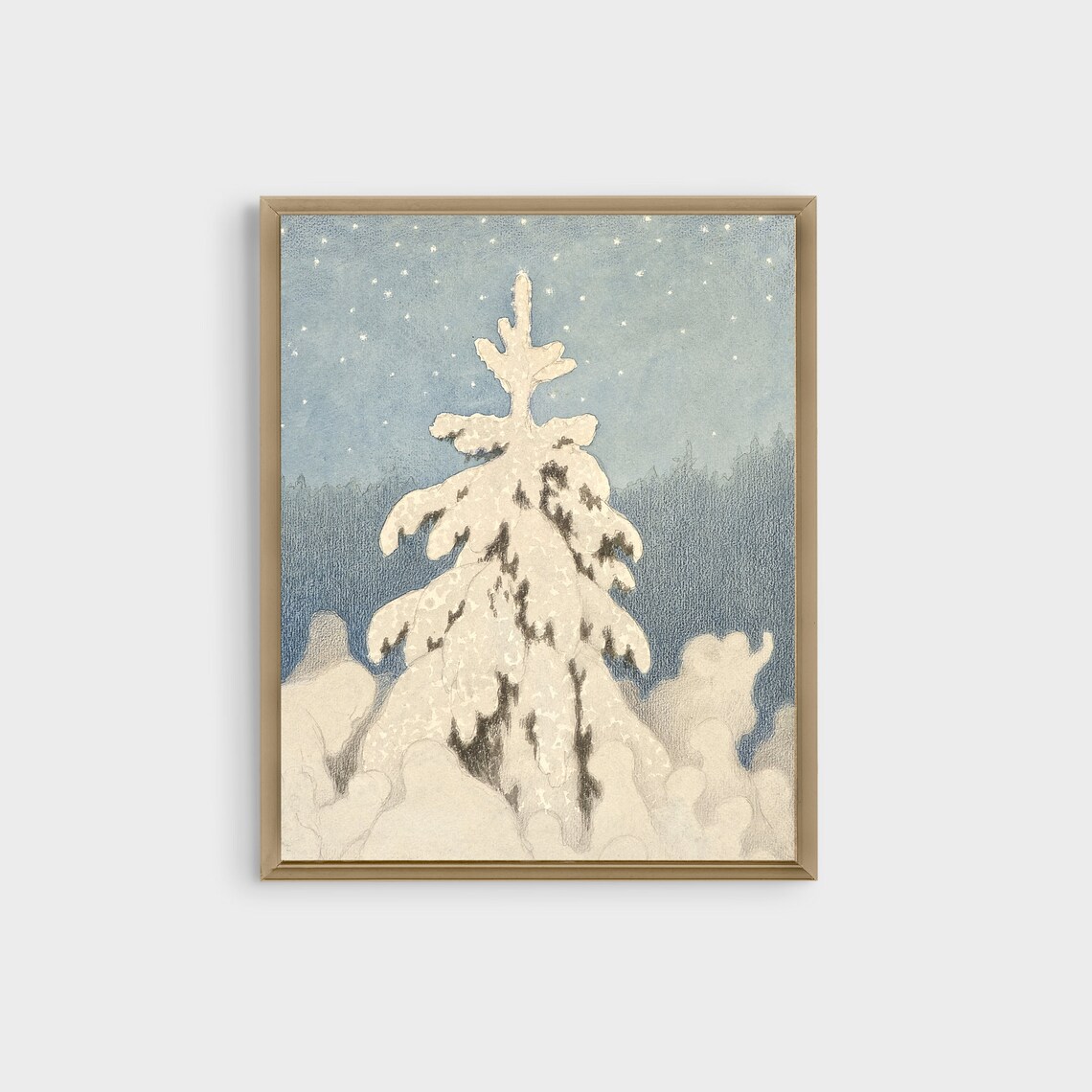 Snowy Fir Tree Under Starry Night Vintage Winter Christmas Poster - Image 3