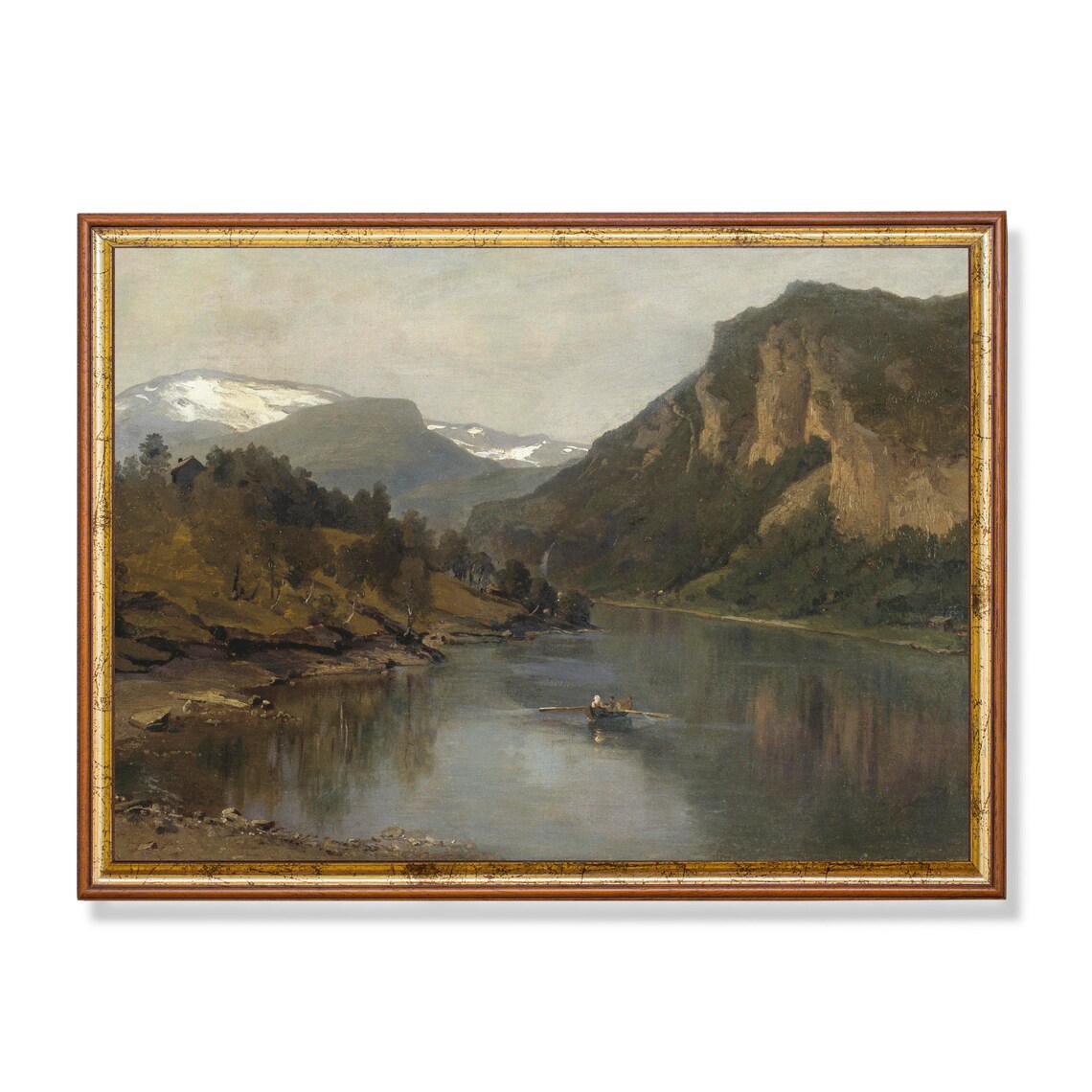 Vintage Mountain Fjord Lake With Rowboat Landscape Art Poster
