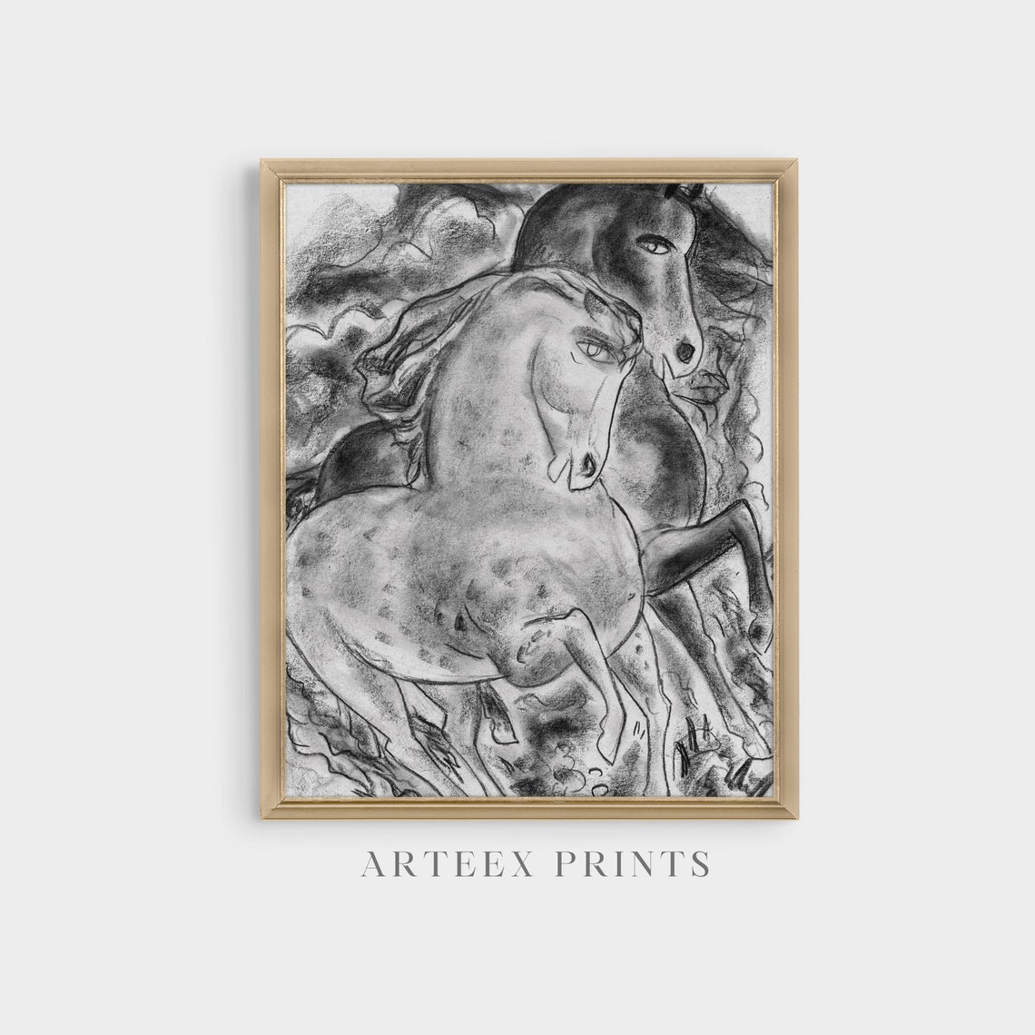Bold Expressive Charcoal Sketch of Two Rearing Horses Art Poster - Image 5