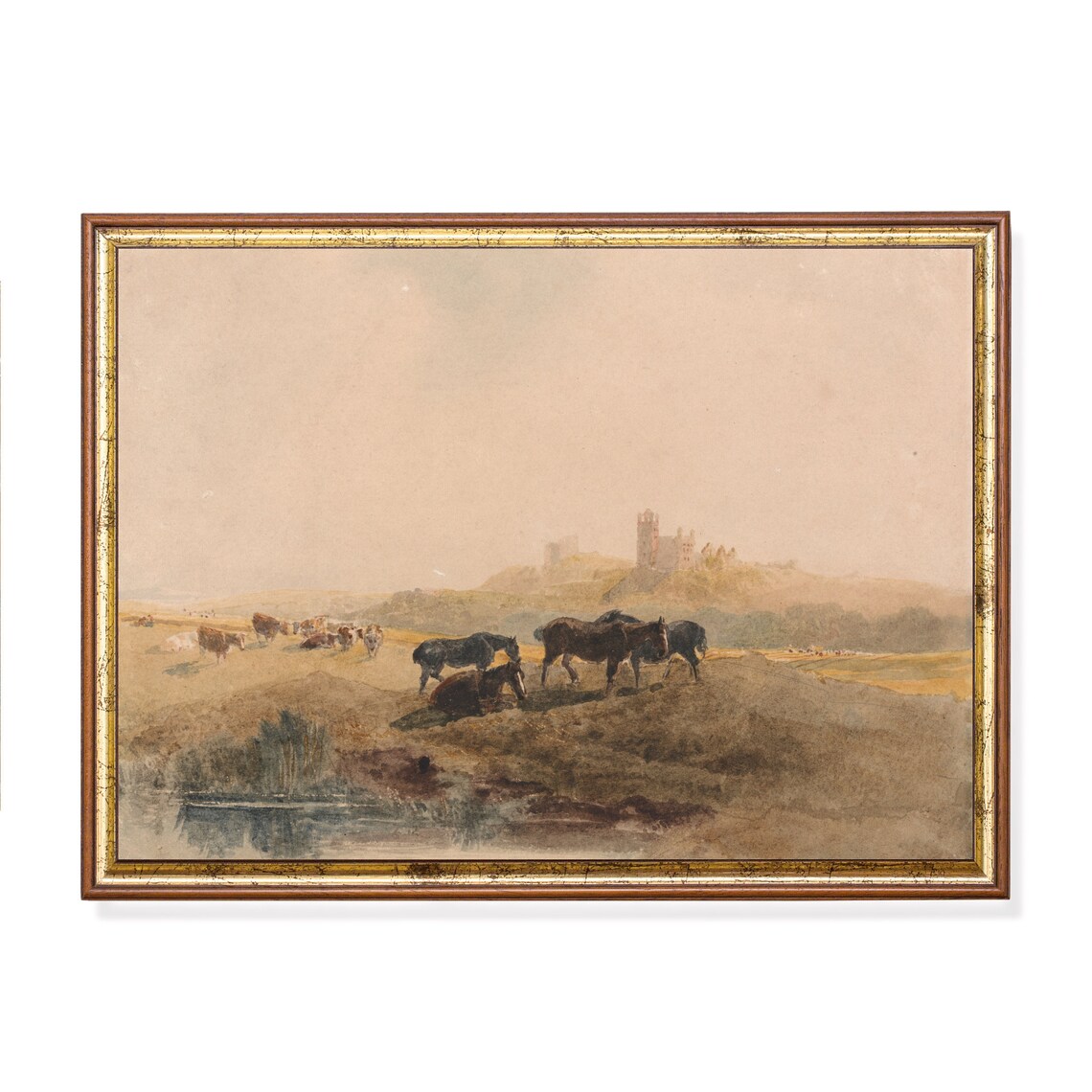 Horses Resting in a Meadow Below a Castle Ruin Antique Poster