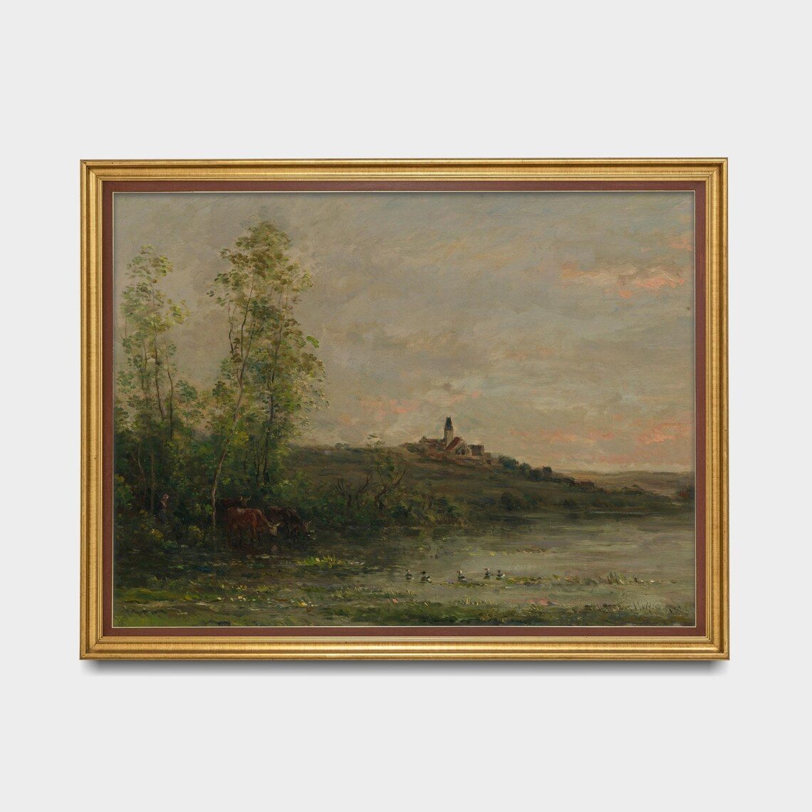 Cows Watering Lake Village Church Hill Barbizon Landscape Art Poster - Image 5