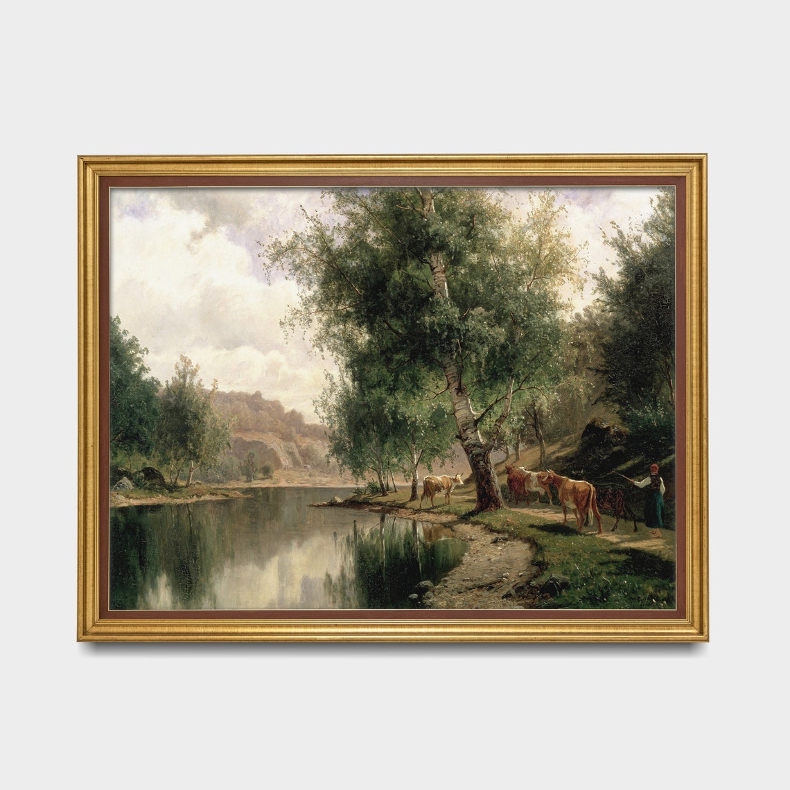 Cows Watering at a Birch-Lined River Landscape Vintage Poster - Image 3