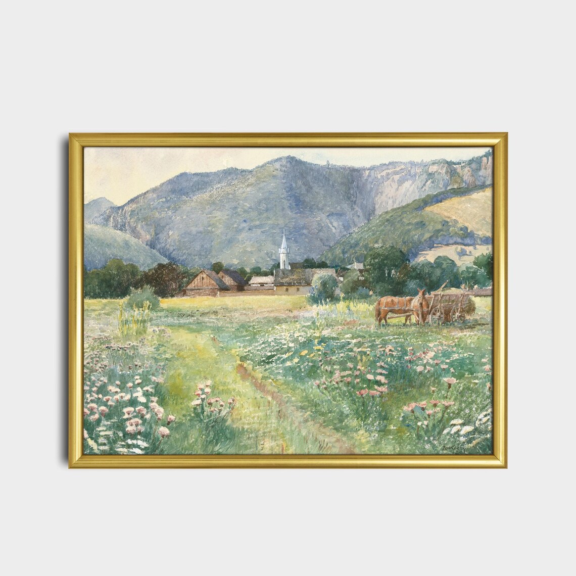 Alpine Village Church Spire Wildflower Meadow Horse Cart Poster - Image 2